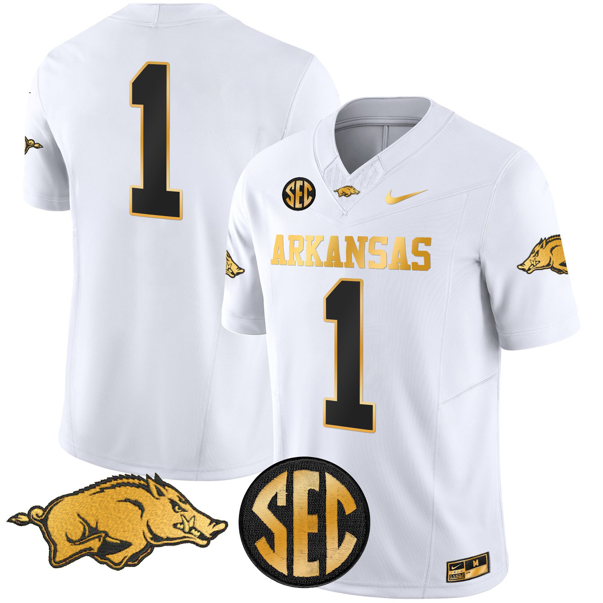 Men Arkansas Razorbacks #1 No Name White Nike 2024 Gold Vapor Limited NCAA Jersey->more ncaa teams->NCAA Jersey